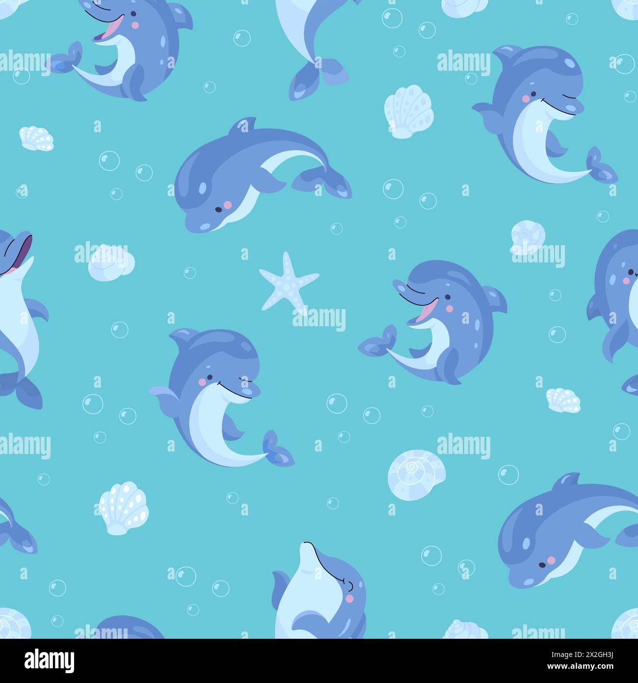 Dolphin seamless pattern. Cartoon funny dolphins, underwater funny animals and seashells. Template for wrapping or fabric, nowaday vector background Stock Vector