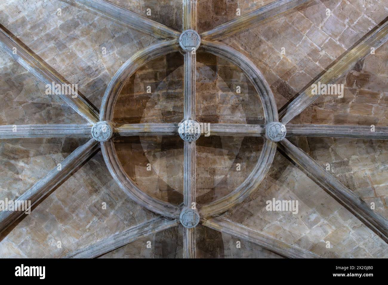 Directly below view of stone ribbed vault in Renaissance Style. Stock Photo