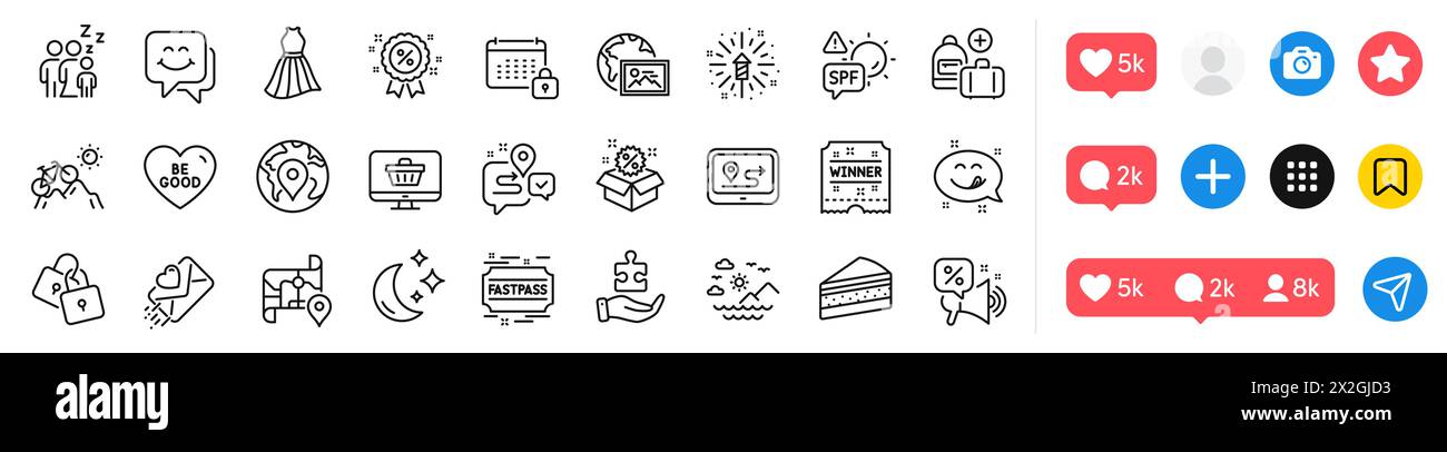 Puzzle, Web photo and Sea mountains line icons pack. For web app ...
