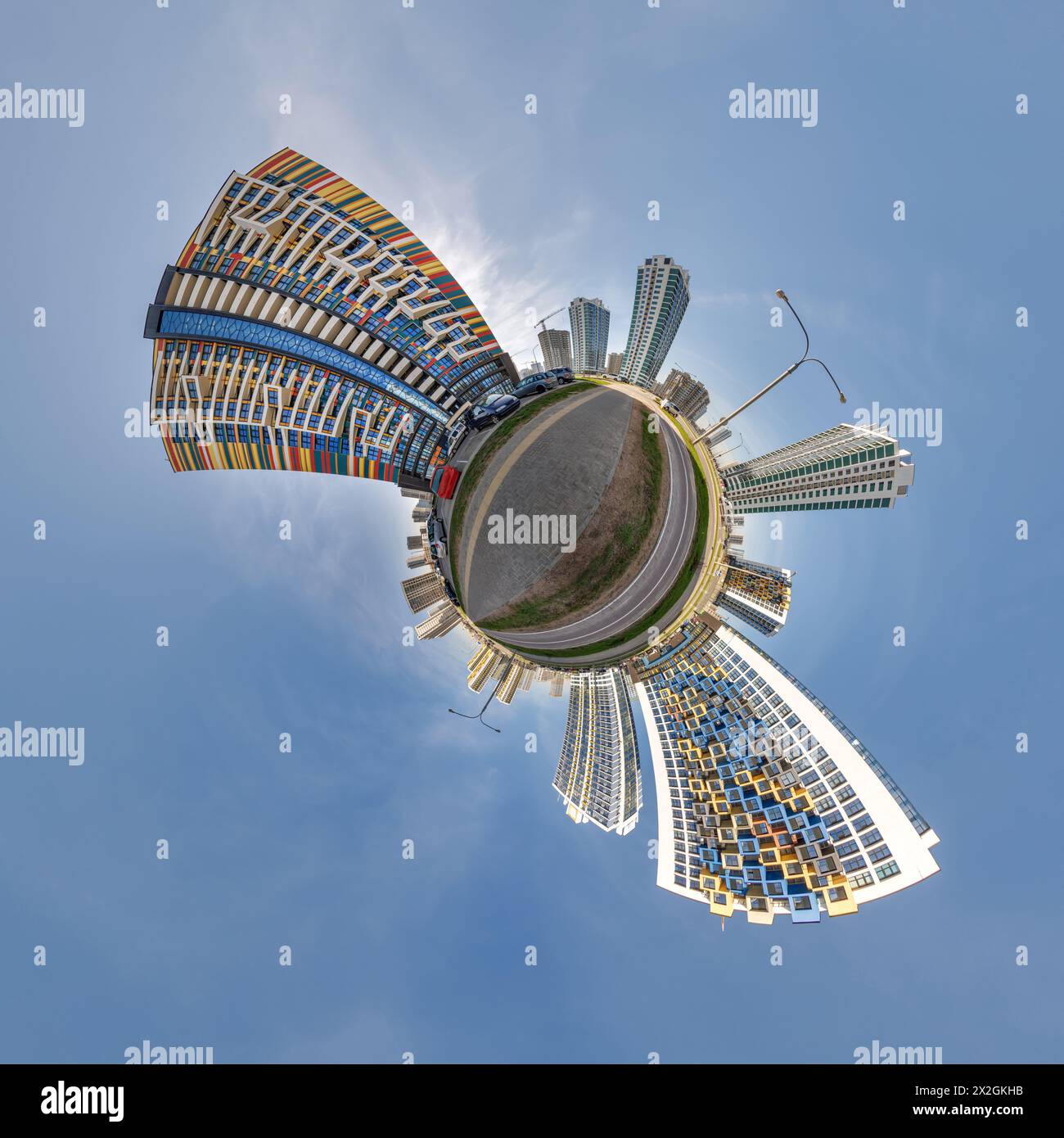 abstract swirling tiny planet spherical panorama of multi-storey ...