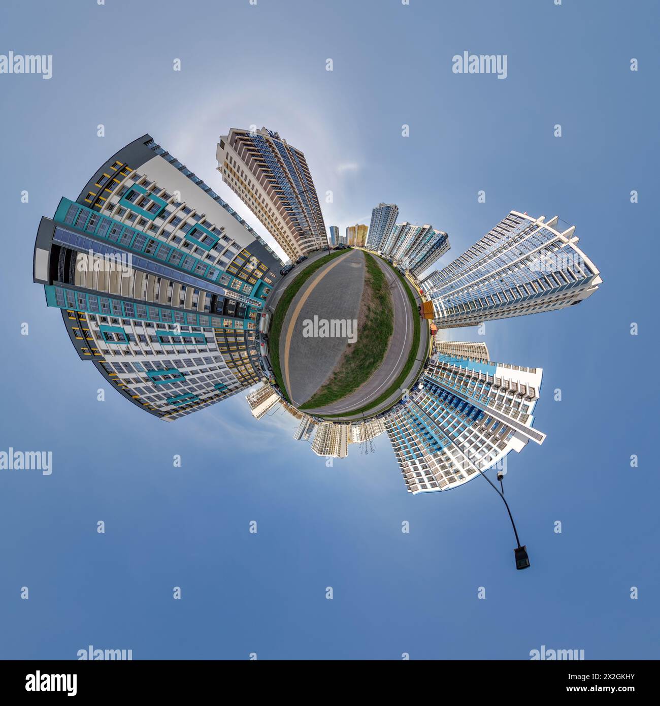 abstract swirling tiny planet spherical panorama of multi-storey ...