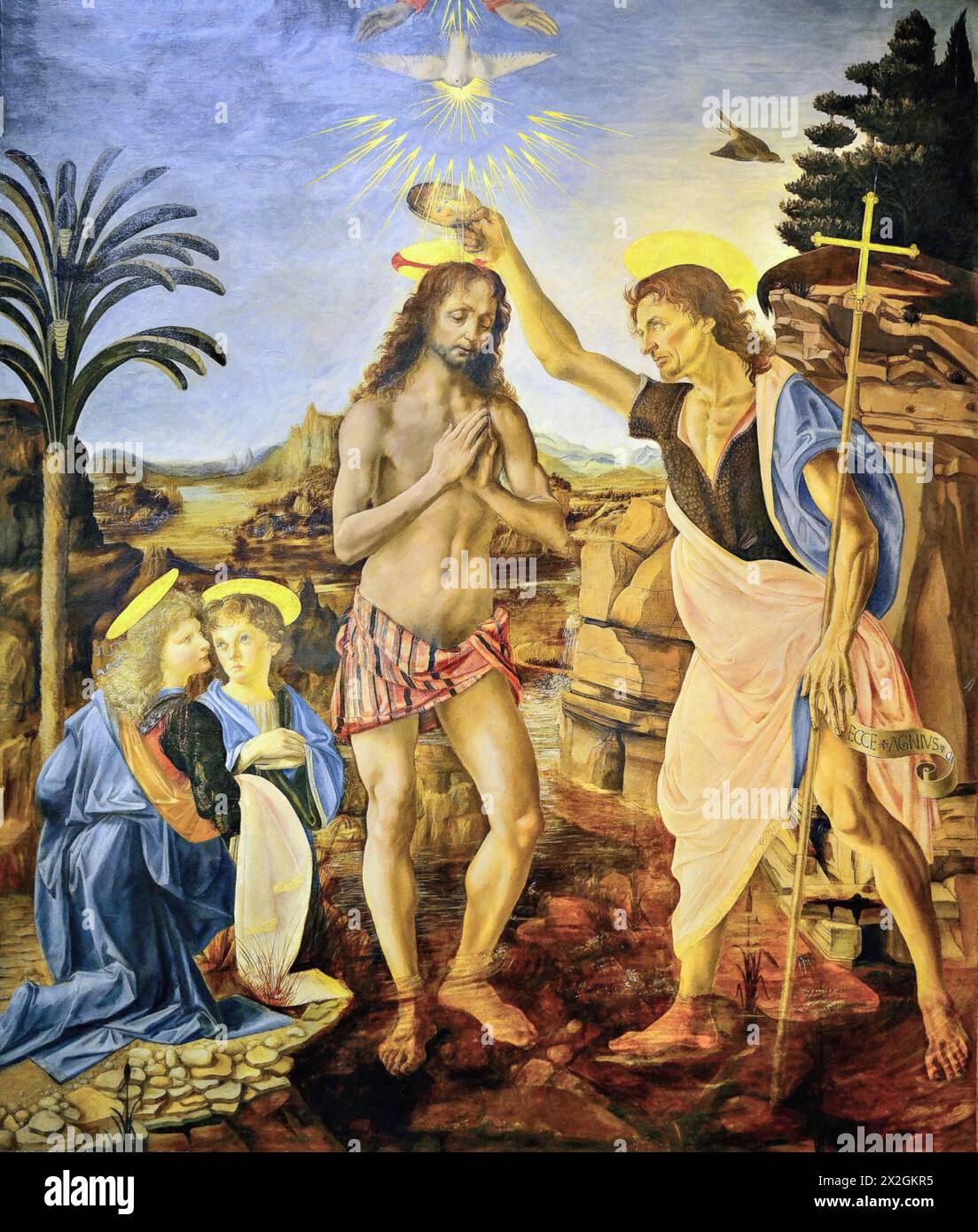 The Baptism of Christ by John the Baptist, c.1475 (Painting) by Artist Verrocchio, Andrea (1435-88) & Vinci, Leonardo da(1452-1519) Italian. Stock Vector