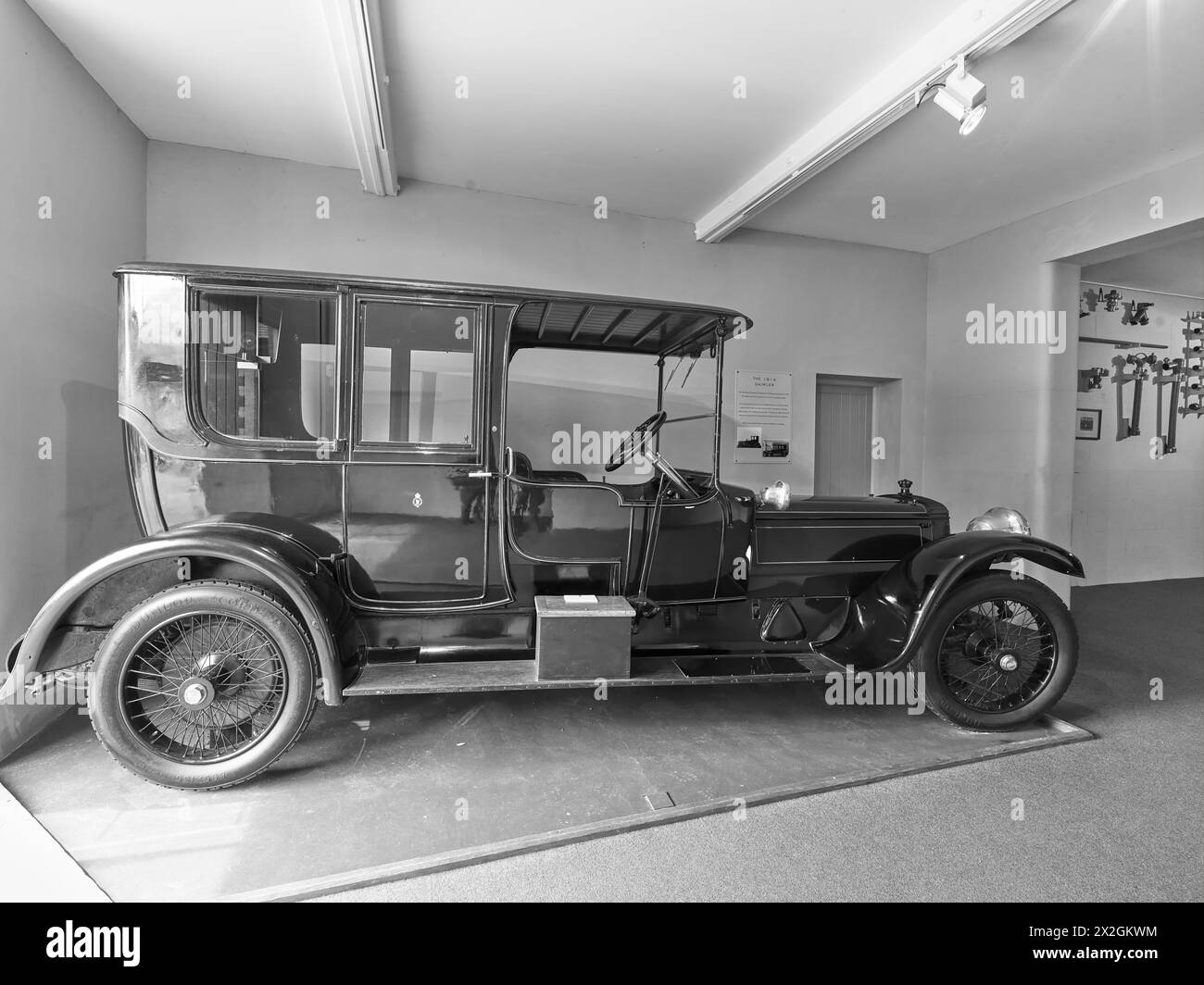 1914 Daimler car, bought by king George V, in a garage at the country residence of the british monarch, Sandringham House,  England. Stock Photo