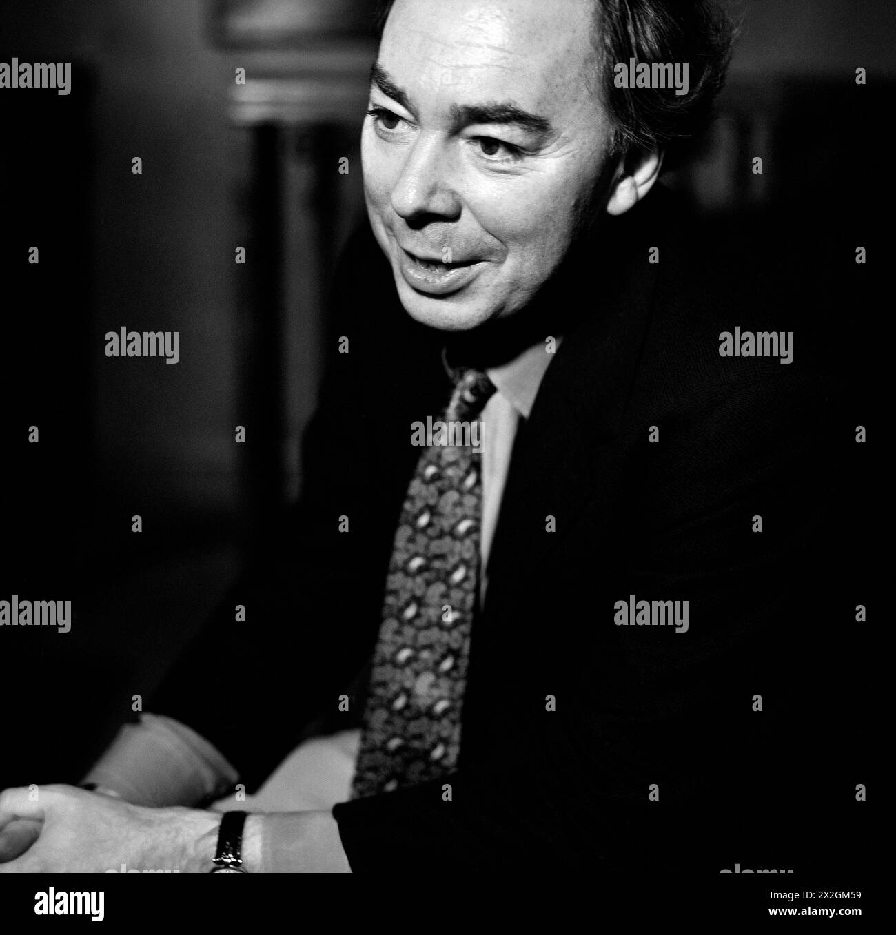 Black & white portrait of Andrew Lloyd Webber at home in Mayfair ...