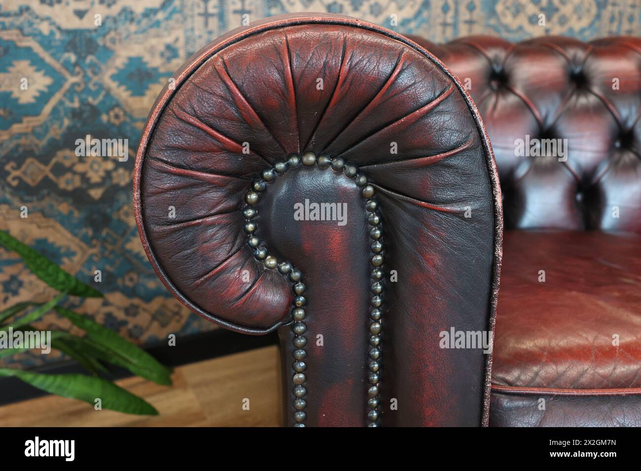 Fragment of an old leather sofa. Stock Photo