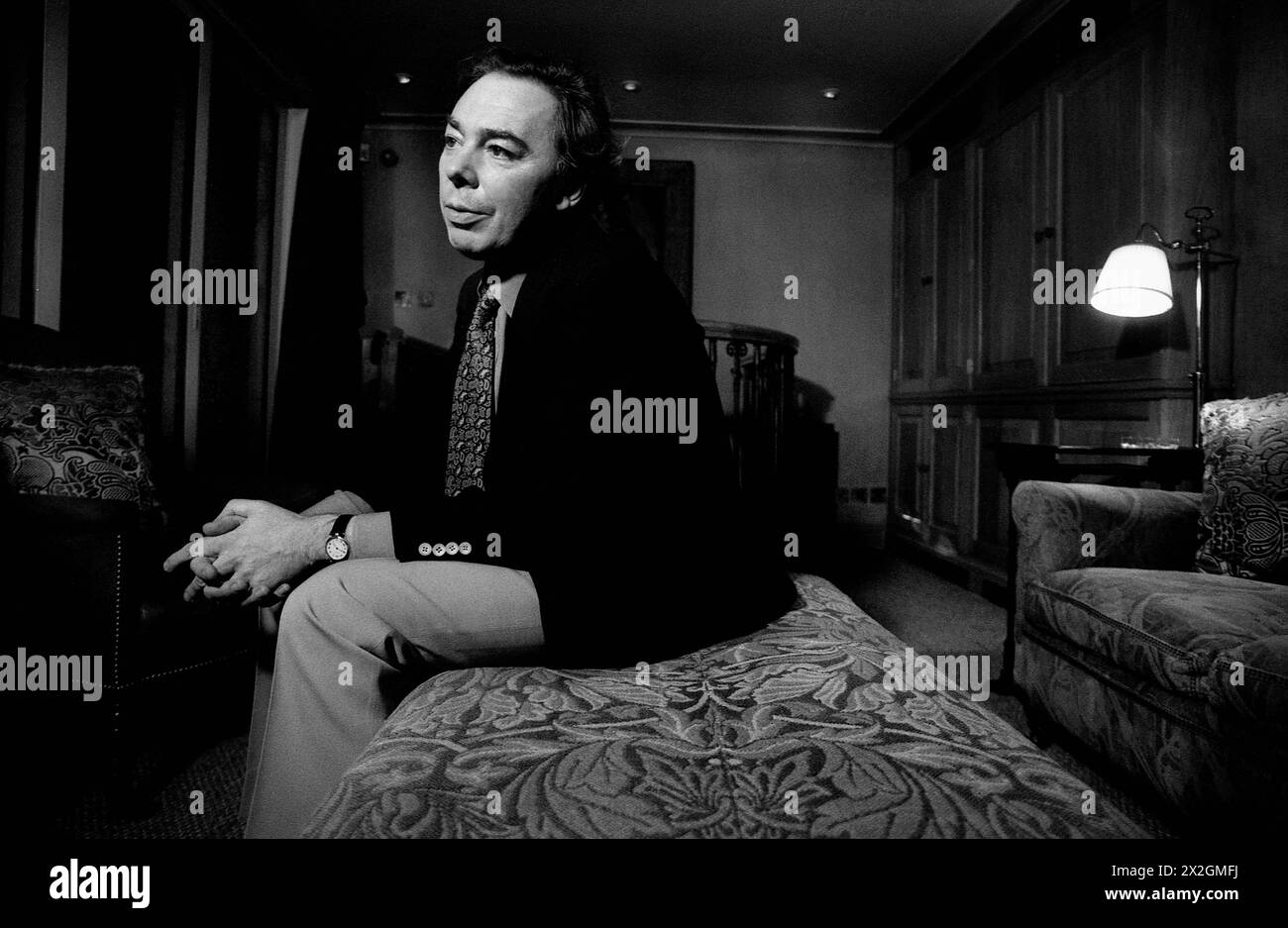 Black & white portrait of Andrew Lloyd Webber at home in Mayfair, London, UK Stock Photo