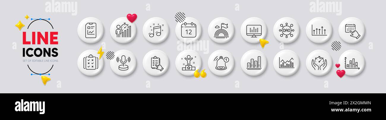 Winner, Timer and Annual calendar line icons. For web app, printing. White buttons 3d icons. Vector Stock Vector