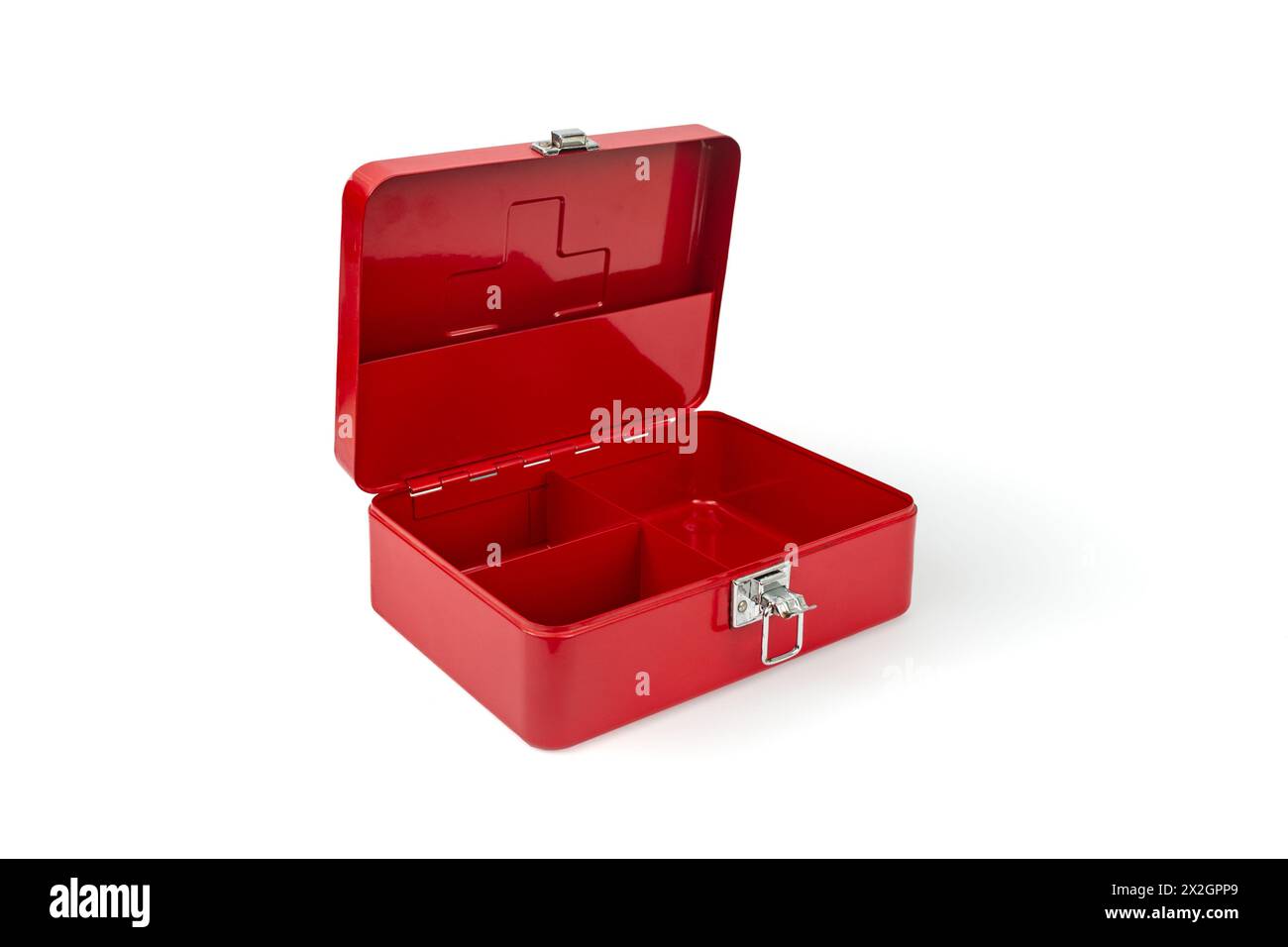 Red first aid kit box, opened and isolated on white background, empty ...