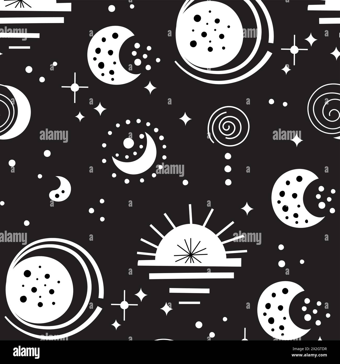 Seamless neo folk patterns with moon, cloud, sun and stars, black and ...