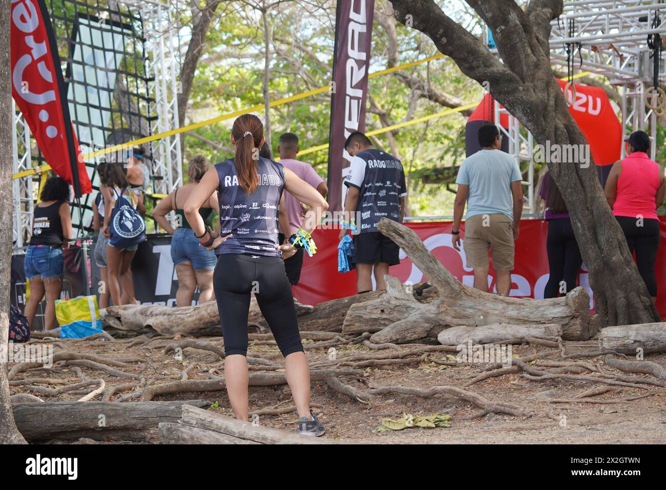 Guanacaste ,Costa Rica: 04 20 2024: Intrepid race, Spartan Race, strong fit athletes competing in obstacle race in Costa Rica Beach Stock Photo