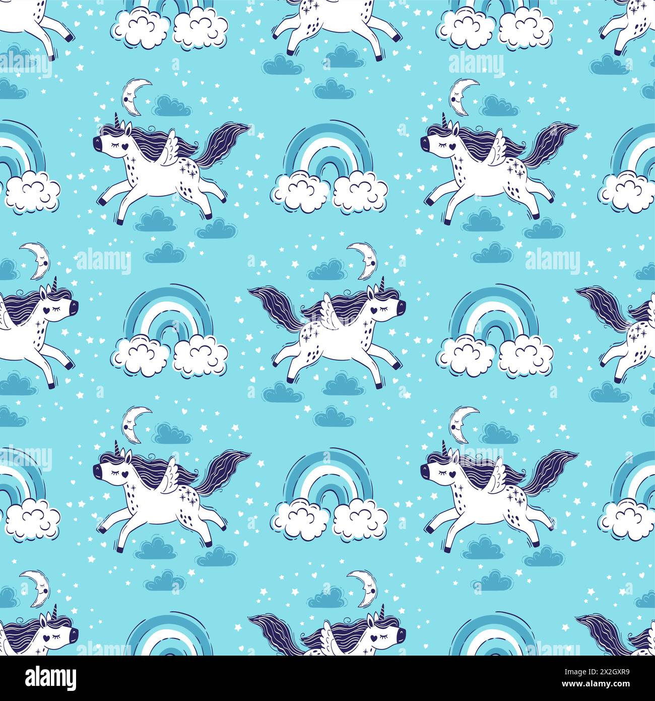 Vector seamless pattern of magical unicorns in the sky among fluffy ...