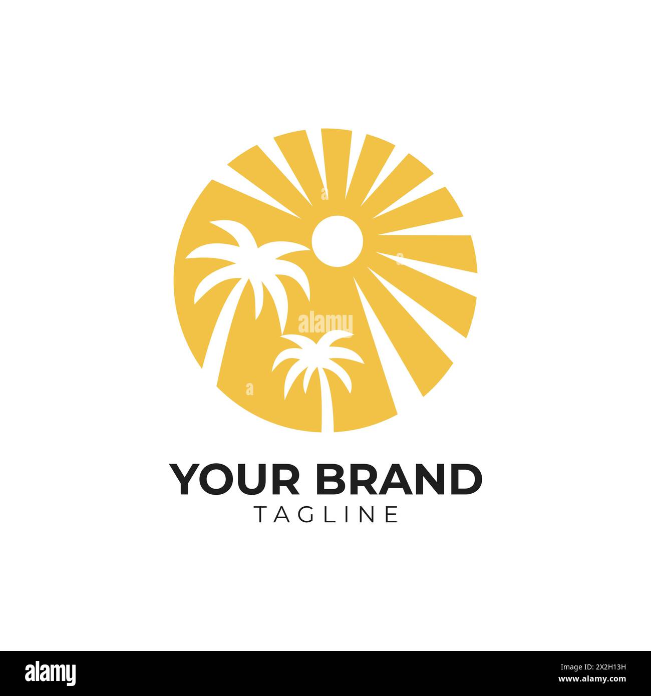 palm tree beach and sun logo illustration template Stock Vector