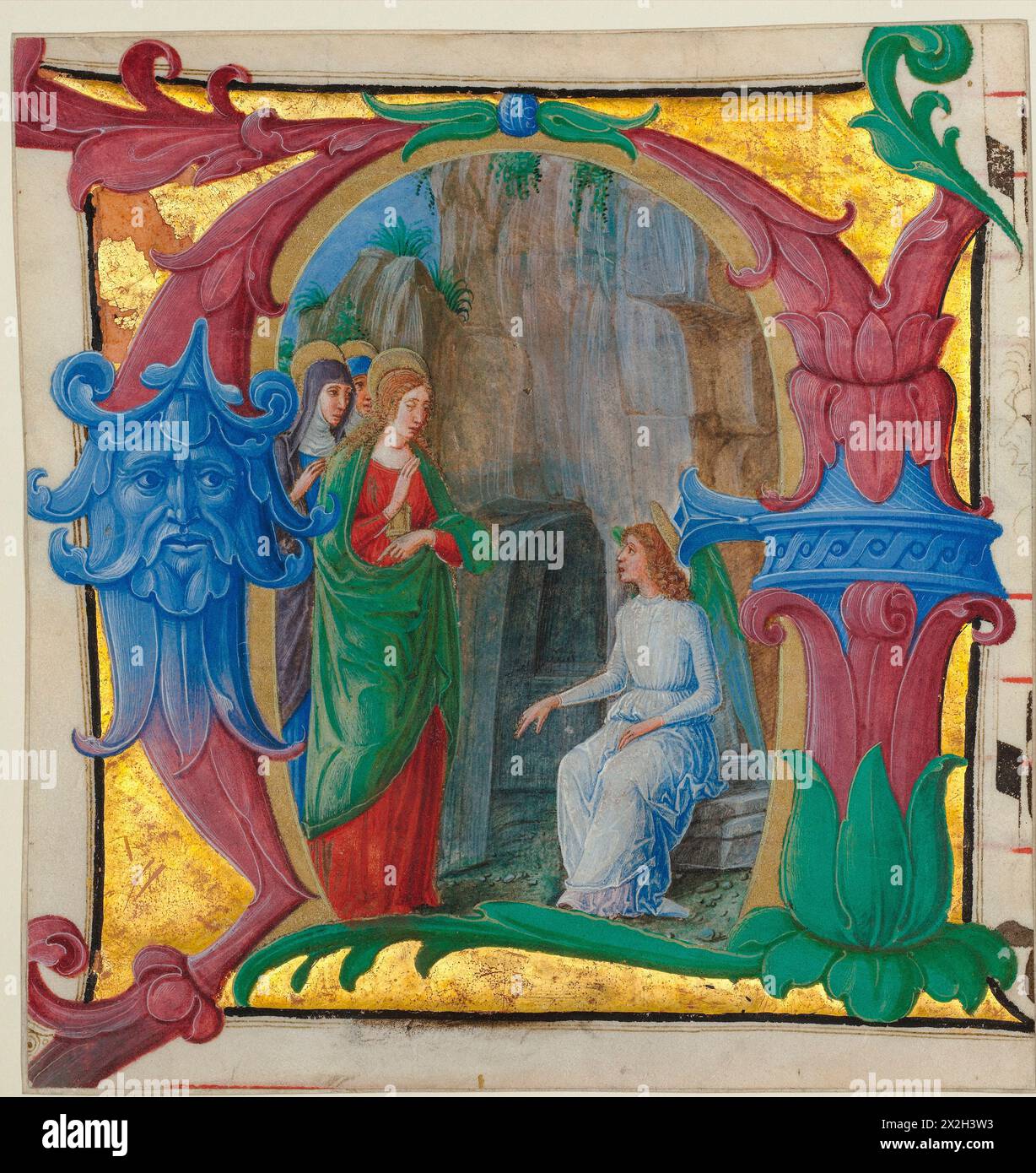 Manuscript Illumination with the Holy Women at the Tomb in an Initial A, from an Antiphonary by Girolamo dai Libri in ca. 1490–1500 Stock Photo