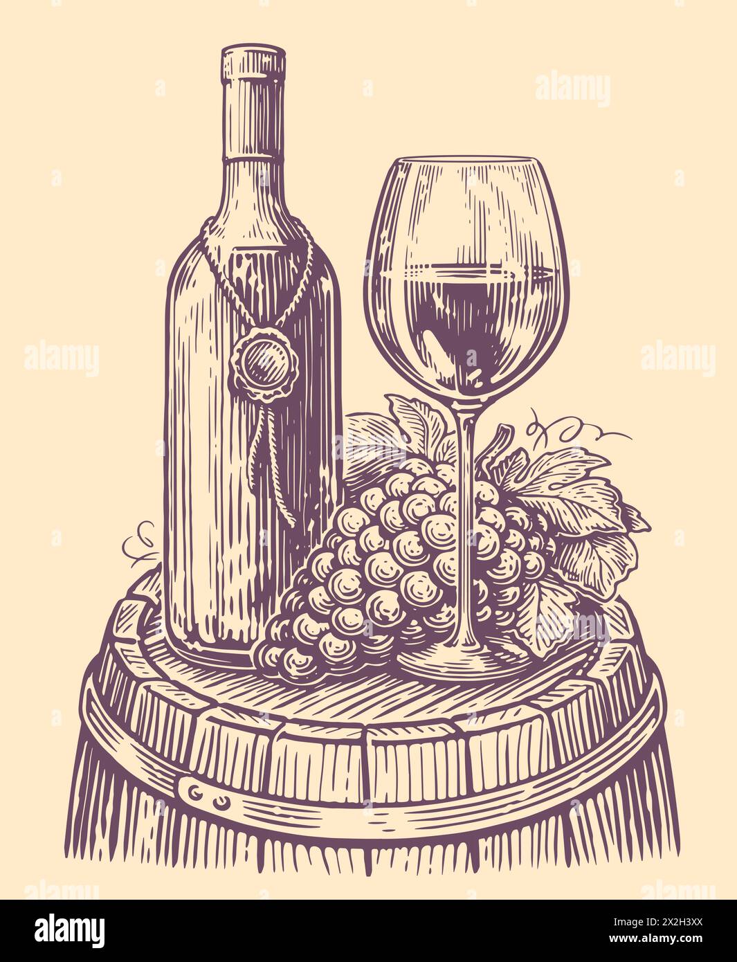 Bottle of wine with wine glass and grapes. Winery sketch. Vector illustration vintage engraving style Stock Vector