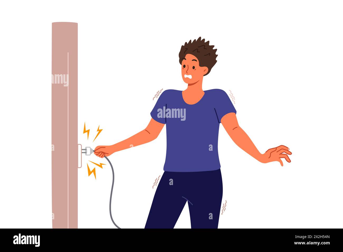 Man receives electric shock when inserts plug into socket, due to breakdown of electrical equipment Stock Vector