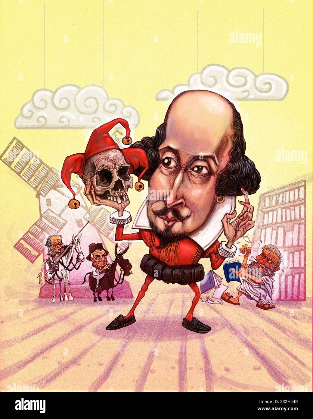 Concept art illustrating the philosophy of literature with Shakespeare, Plato, tearing up books, Kant as Don Quixote and Milan Kundera as Sancho Panza Stock Photo