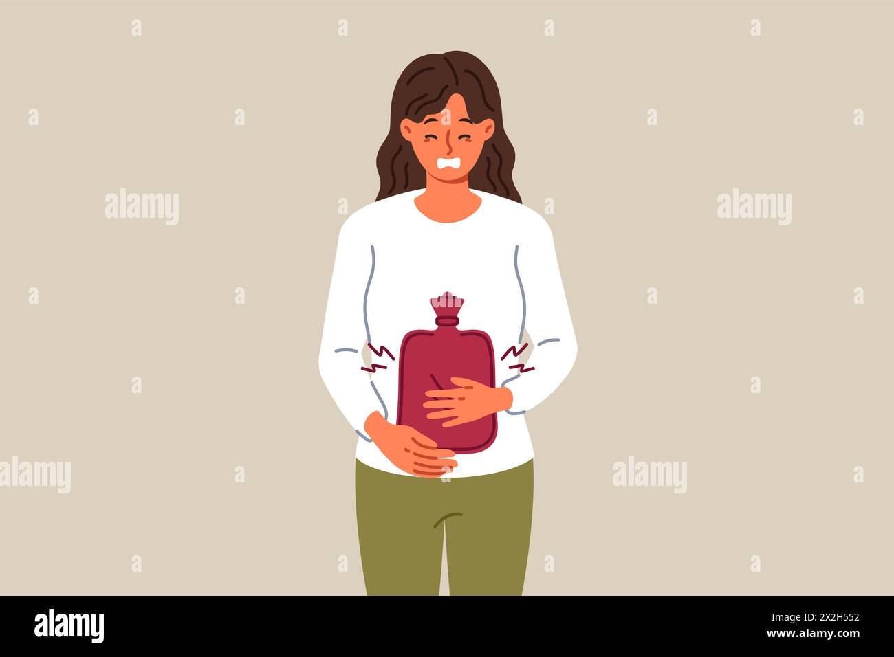 Suffering sick woman uses rubber heating pad to relieve abdominal pain
