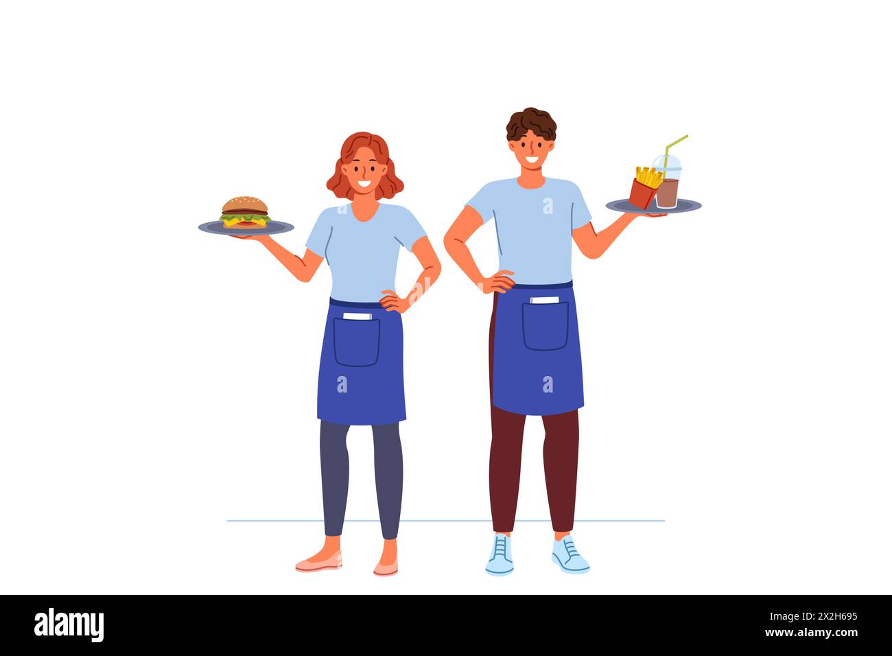 Happy waiters from fast food restaurant work together to deliver customers order Stock Vector