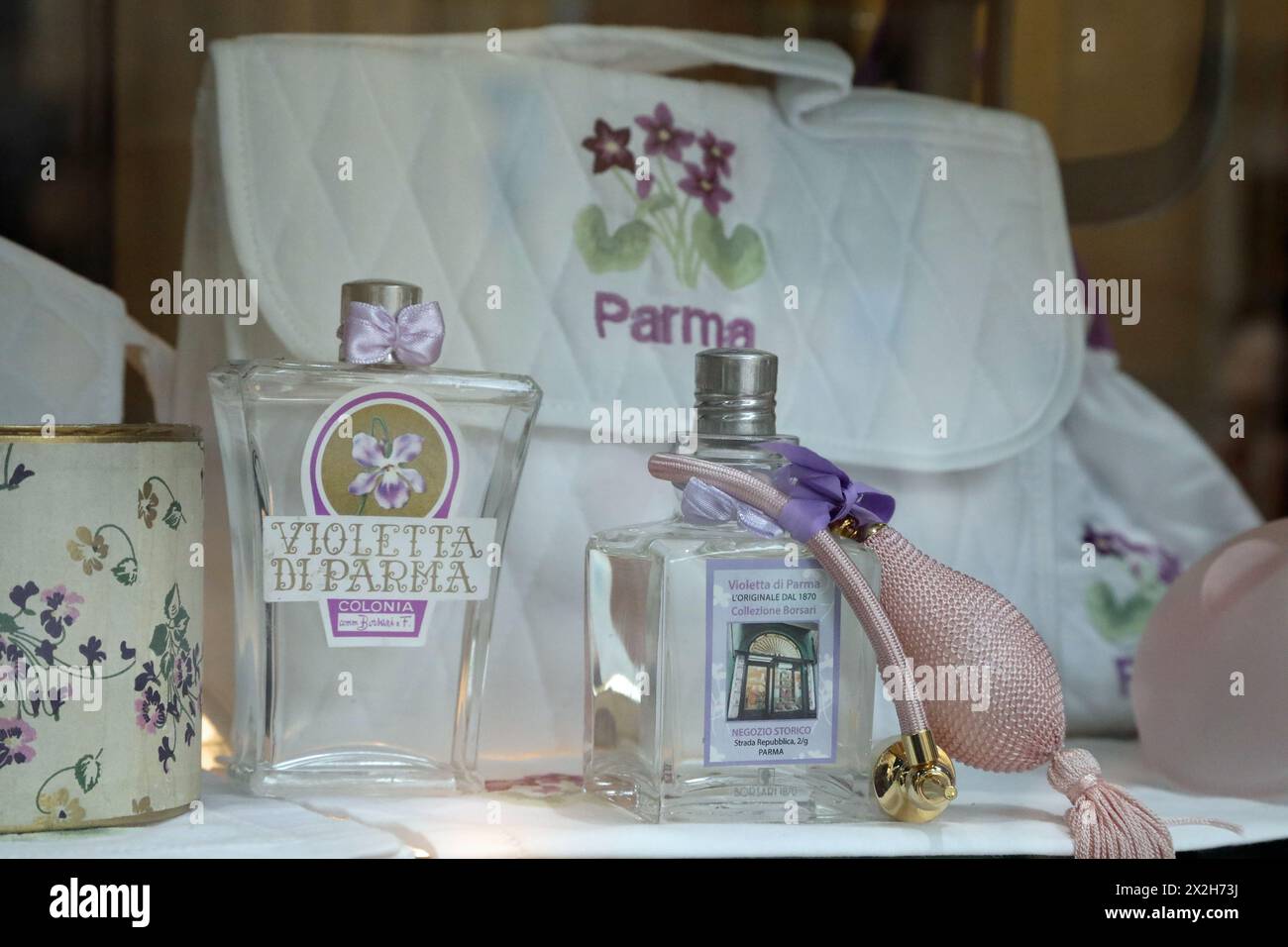 Traditional Violetta di Parma products in a shop window Stock Photo