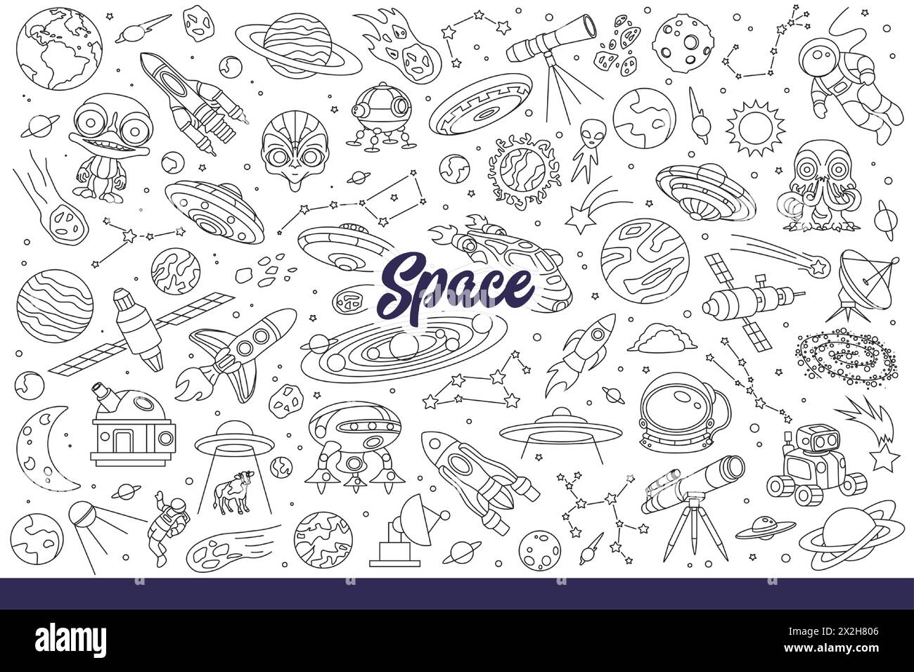 Space crafts and rockets roaming galaxy in search of aliens from different planets. Spaceships explore space and universe with stars, traveling in orbit on exploration mission. Hand drawn doodle Stock Vector