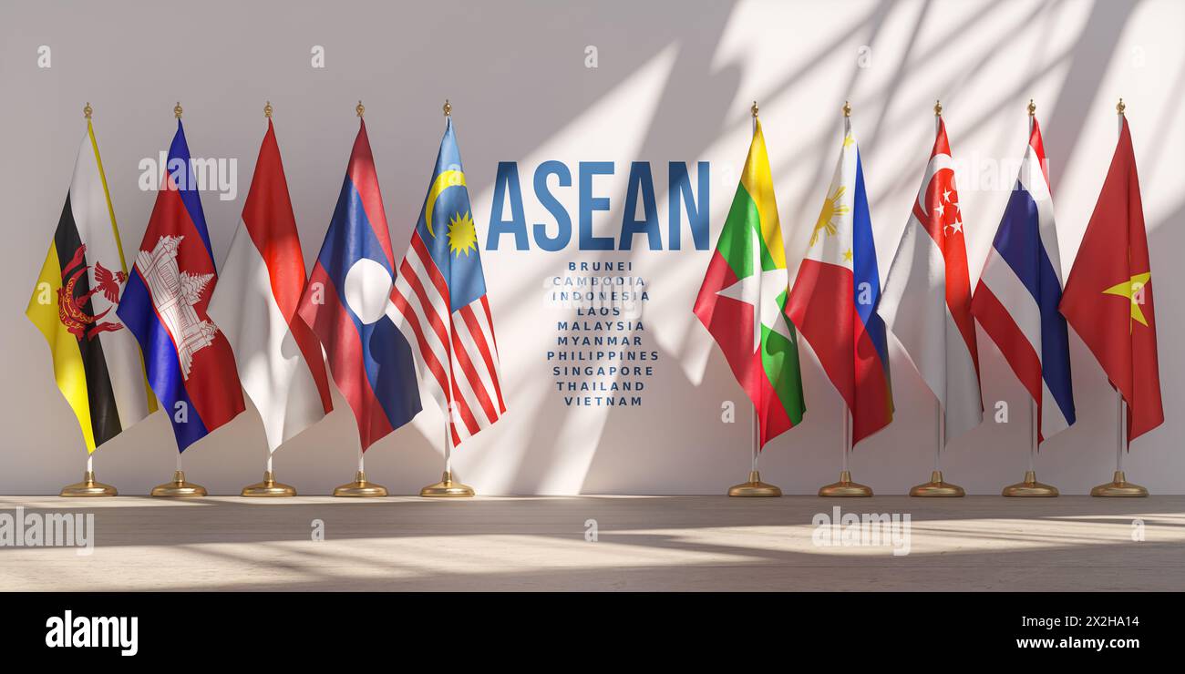ASEAN  meeting concept. ASEAN Association of Southeast Asian Nations member countries flags in a row. 3d illustration Stock Photo