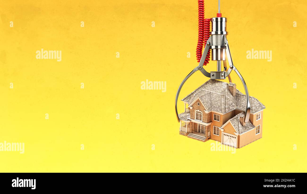 Choosing real estate and mortgage concept.  Machine  claw with house on yellow background. 3d illustration Stock Photo