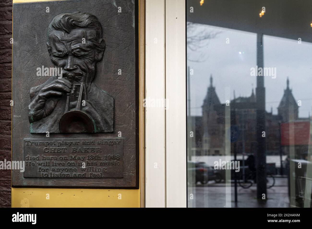 memorial plaque to Chet Baker, at the place where he died, Prins Hendrik Hotel, Amsterdam