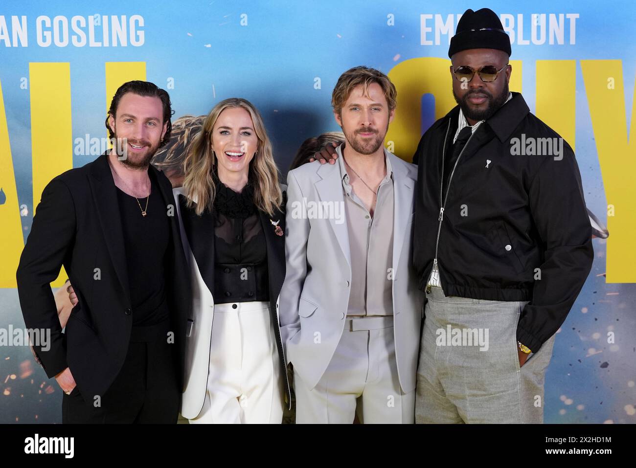 (left to right) Aaron Taylor-Johnson, Emily Blunt, Ryan Gosling and Winston Duke attending a special screening of The Fall Guy at the BFI Imax Waterloo, London. Picture date: Monday April 22, 2024. Stock Photo