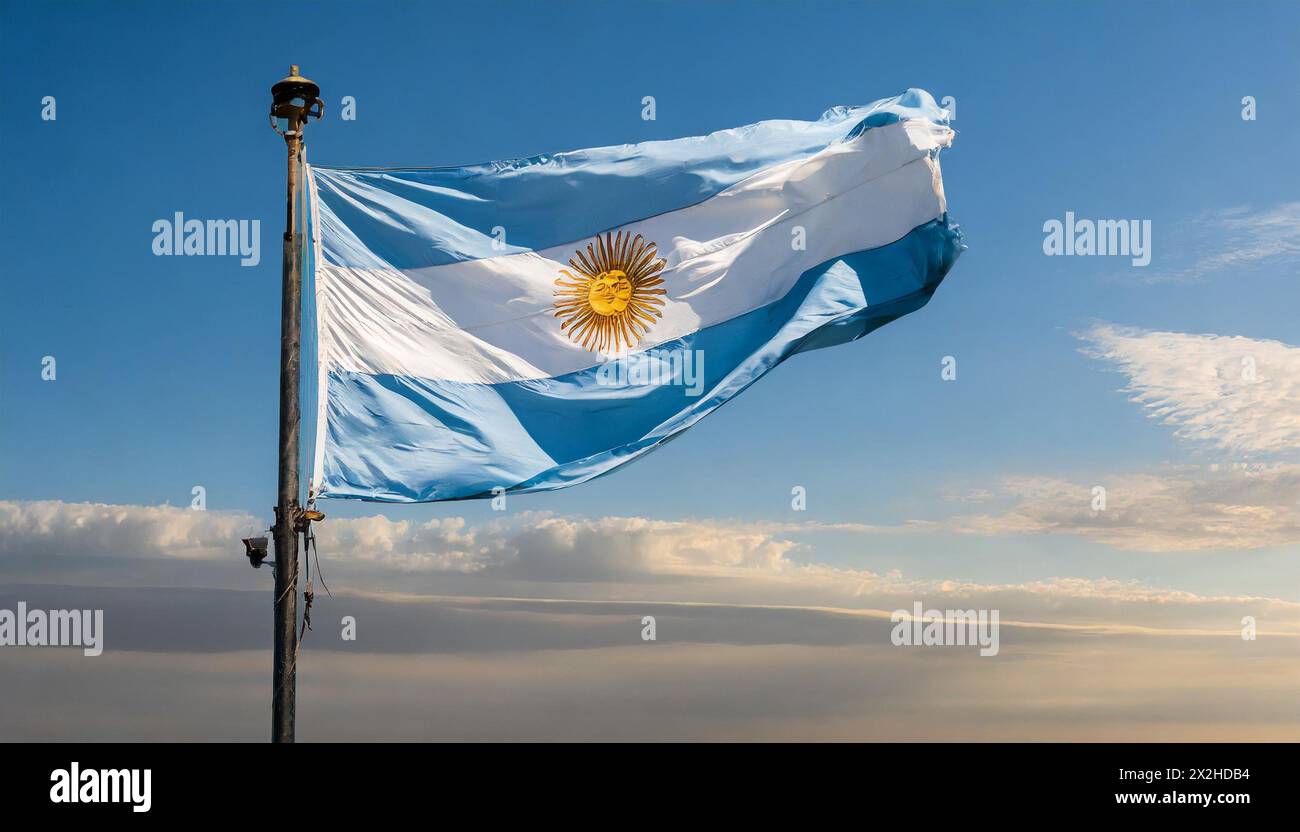 Die Fahne von Argentinien flattert im Wind, isoliert gegen blauer Himmel Stock Photo