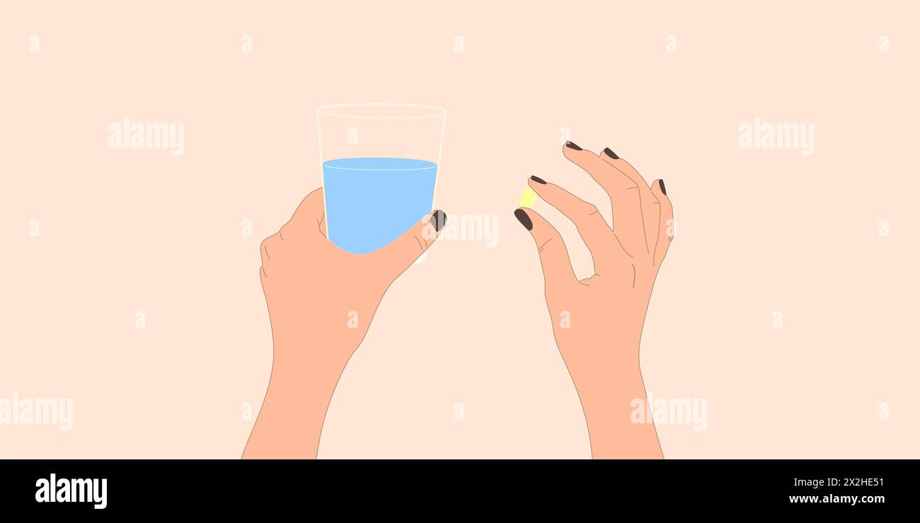 Taking the pills. Woman holds in hands the capsule, tablet and a glass of water. Vector illustration concept supplementation and health. Stock Vector