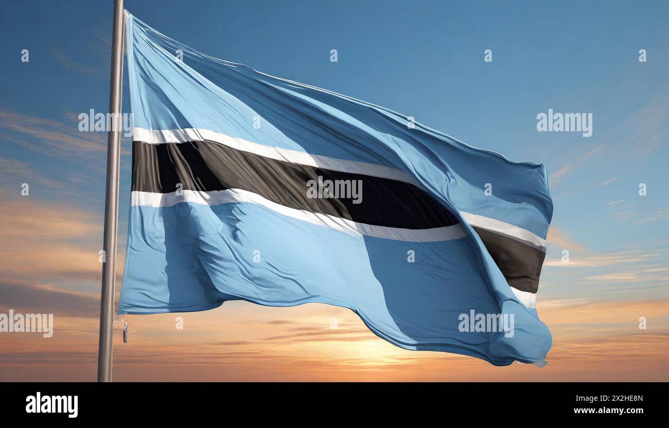 Die Fahne von Botswana flattert im Wind, isoliert gegen blauer Himmel Stock Photo