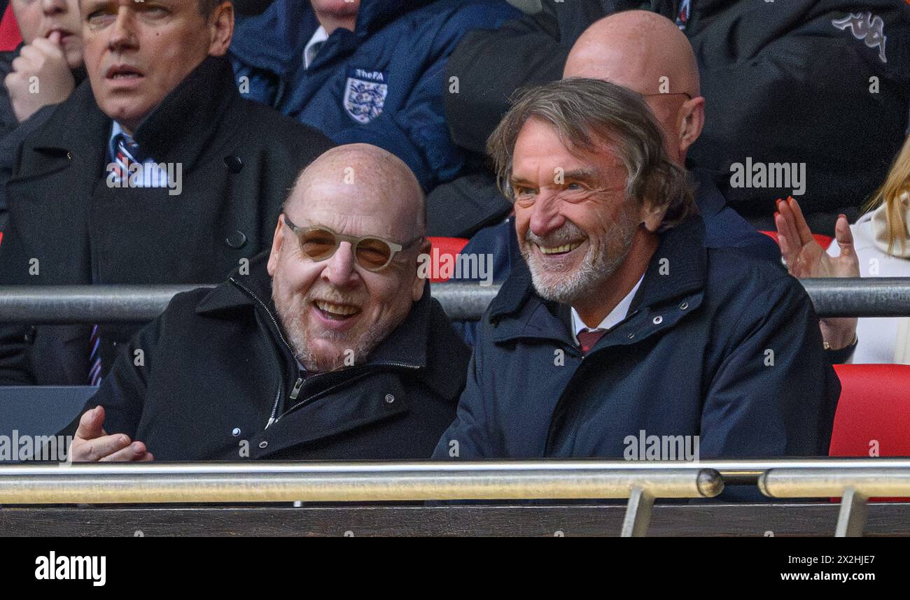 London, UK. 21st Apr, 2024. Manchester United v Coventry City - FA Cup Semi-Final - Wembley.                                                                Manchester United co-owners Sir Jim Ratcliffe and Avram Glazer watch on during the match at Wembley.                                        Picture Credit: Mark Pain / Alamy Live News Stock Photo