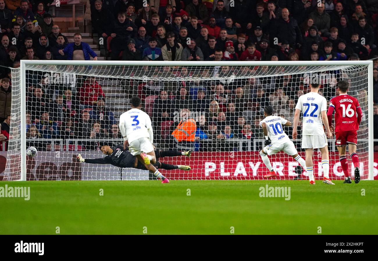 Leeds United's Crysencio Summerville scores their side's first goal of the game from a penalty during the Sky Bet Championship match at the Riverside Stadium, Middlesbrough. Picture date: Monday April 22, 2024. Stock Photo