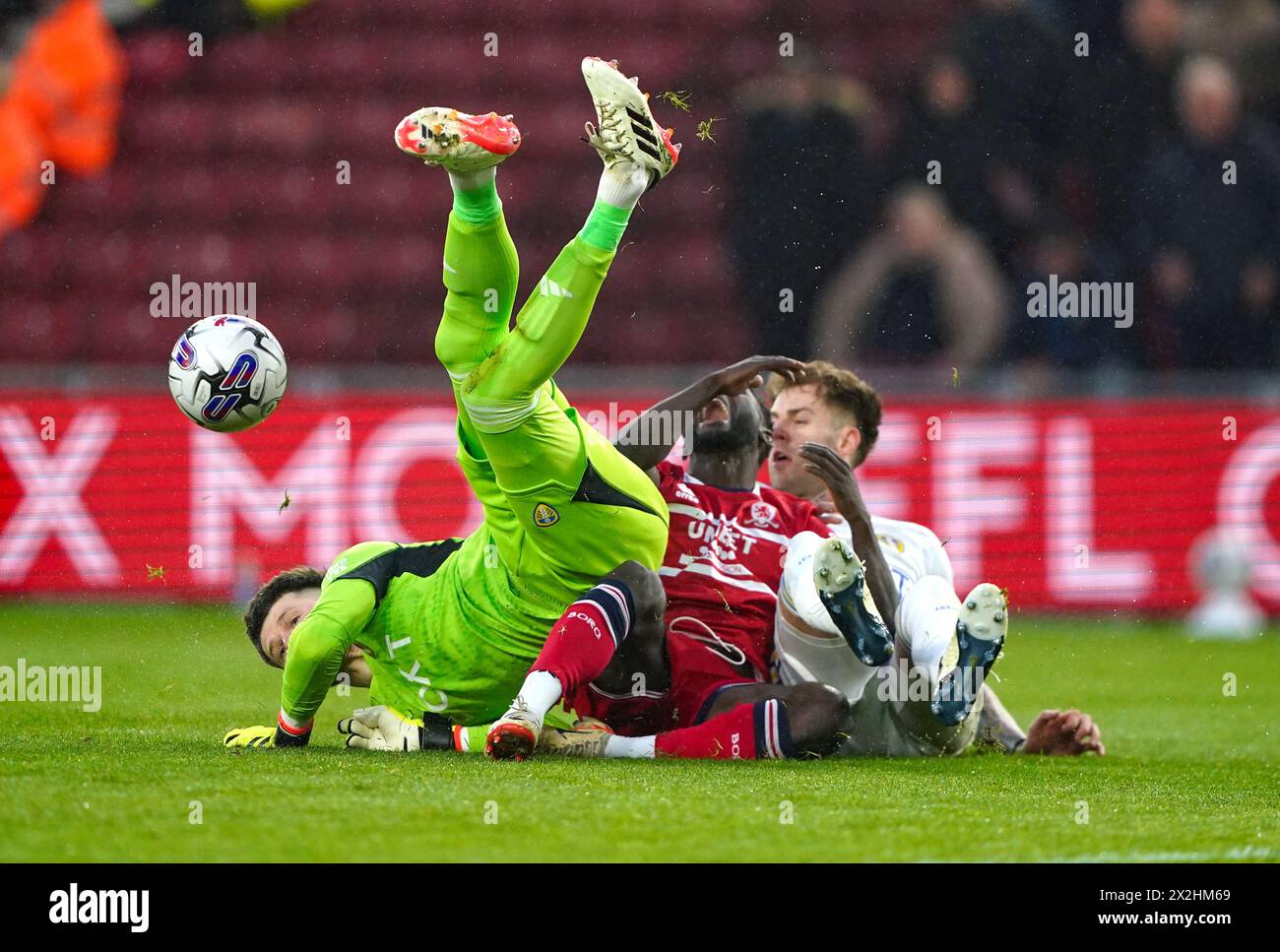 Middlesbrough's Emmanuel Latte Lath, Leeds United's Joe Rodon and Illan Meslier battle for the ball during the Sky Bet Championship match at the Riverside Stadium, Middlesbrough. Picture date: Monday April 22, 2024. Stock Photo