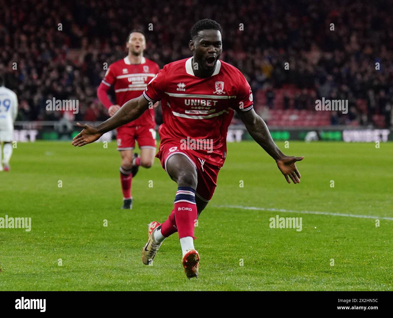 Middlesbrough's Emmanuel Latte Lath celebrates scoring their side's second goal of the game during the Sky Bet Championship match at the Riverside Stadium, Middlesbrough. Picture date: Monday April 22, 2024. Stock Photo