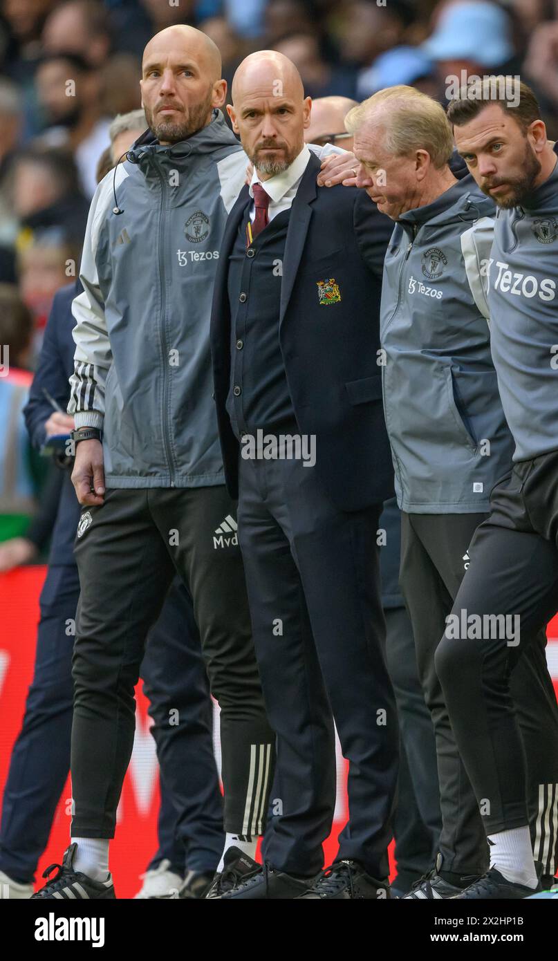 London, UK. 21st Apr, 2024 - Manchester United v Coventry City - FA Cup Semi-Final - Wembley.                                                                Manchester United Manager Erik ten Hag watches on during the penalty shoot-out.  Picture Credit: Mark Pain / Alamy Live News Stock Photo
