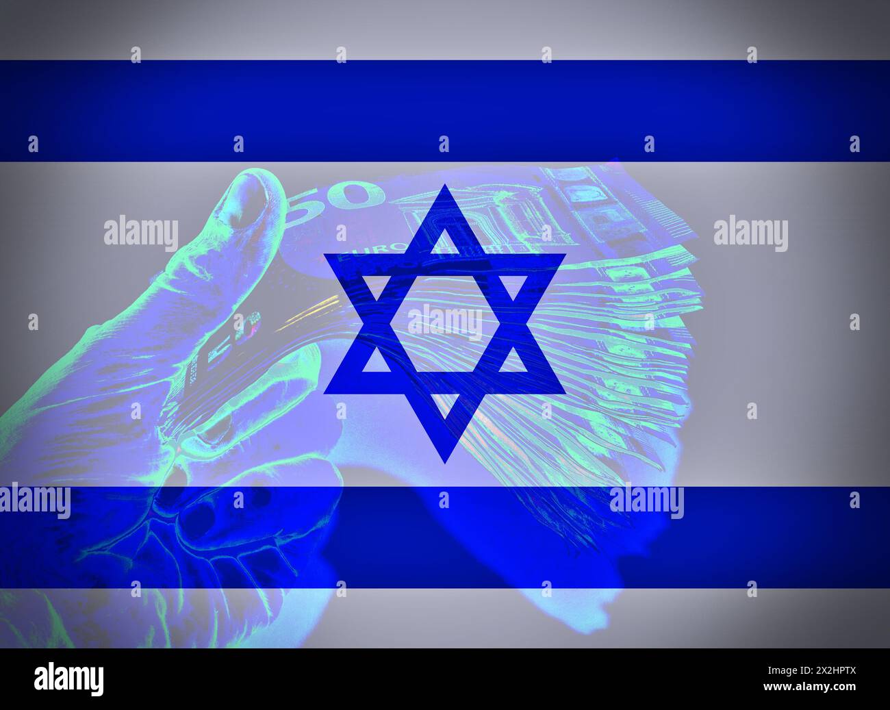 National flag of israel with hand holding money as background. finance concept Stock Photo