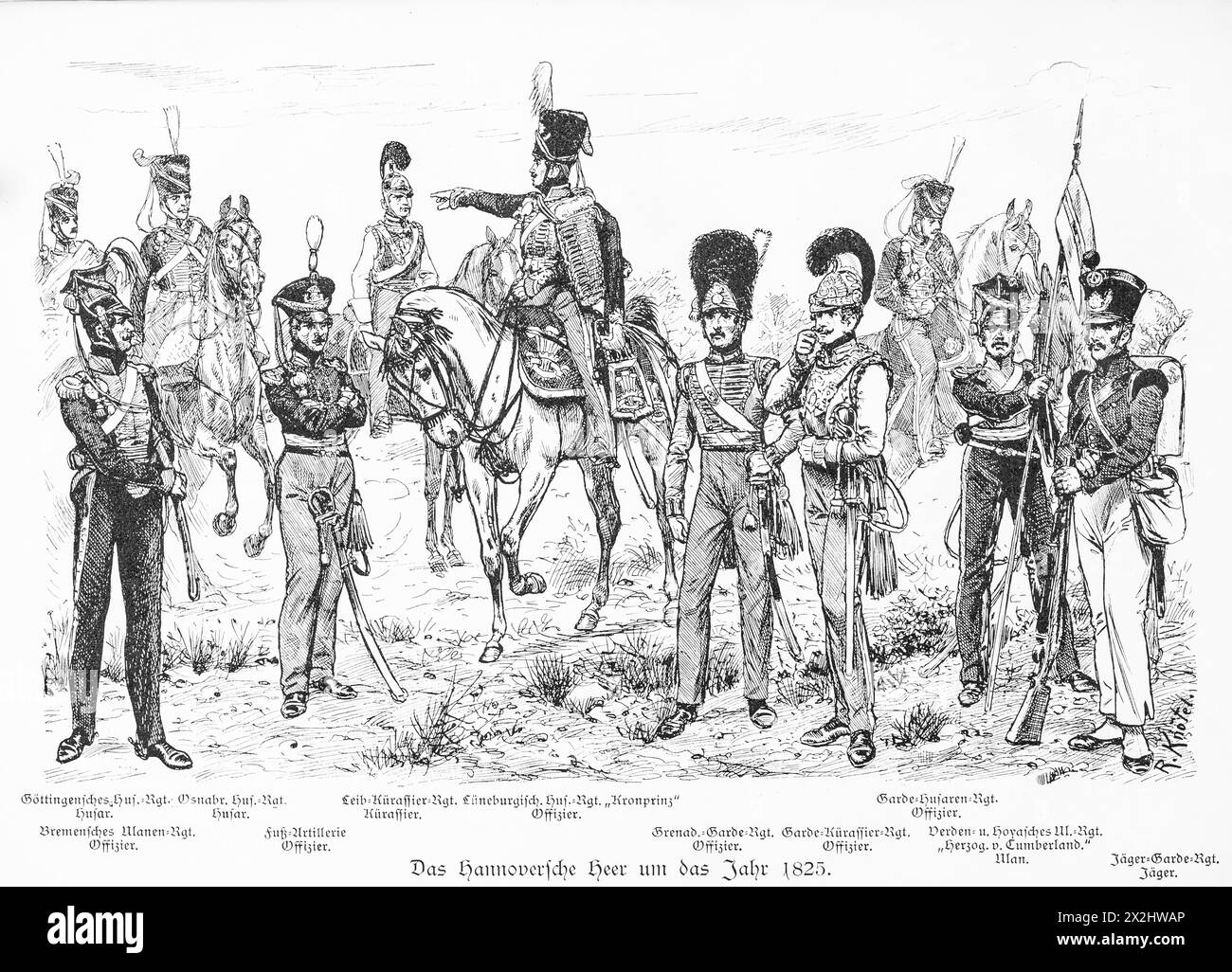 Historical illustration of uniforms around 1825, soldiers and officers with flags, weapons and horses, Goettingische, Bremische, Osnabruecker Stock Photo