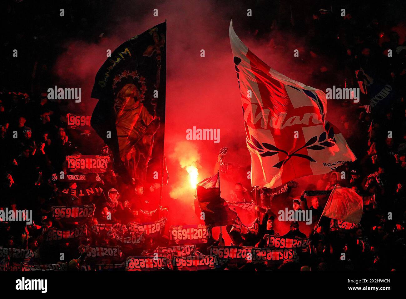 inter's fans during the Serie A soccer match between Milan and Inter at San Siro stadium, north Italy - Monday 22, April, 2024. Sport - Soccer . (Photo by Spada/LaPresse) Credit: LaPresse/Alamy Live News Stock Photo