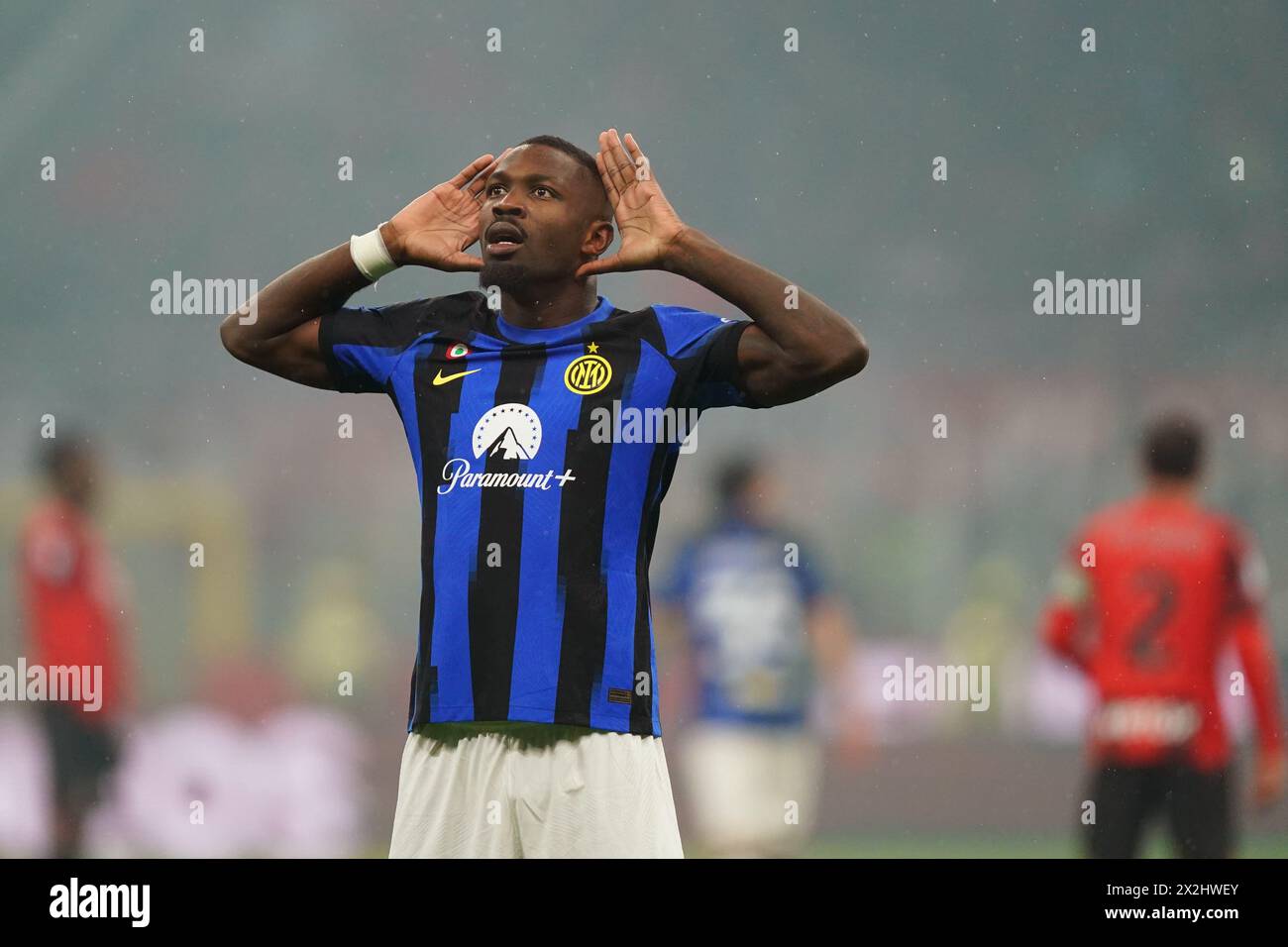 Inter's Marcus Thuram celebrates after scoring 2-0 during the Serie A soccer match between Milan and Inter at San Siro stadium, north Italy - Monday 22, April, 2024. Sport - Soccer . (Photo by Spada/LaPresse) Credit: LaPresse/Alamy Live News Stock Photo