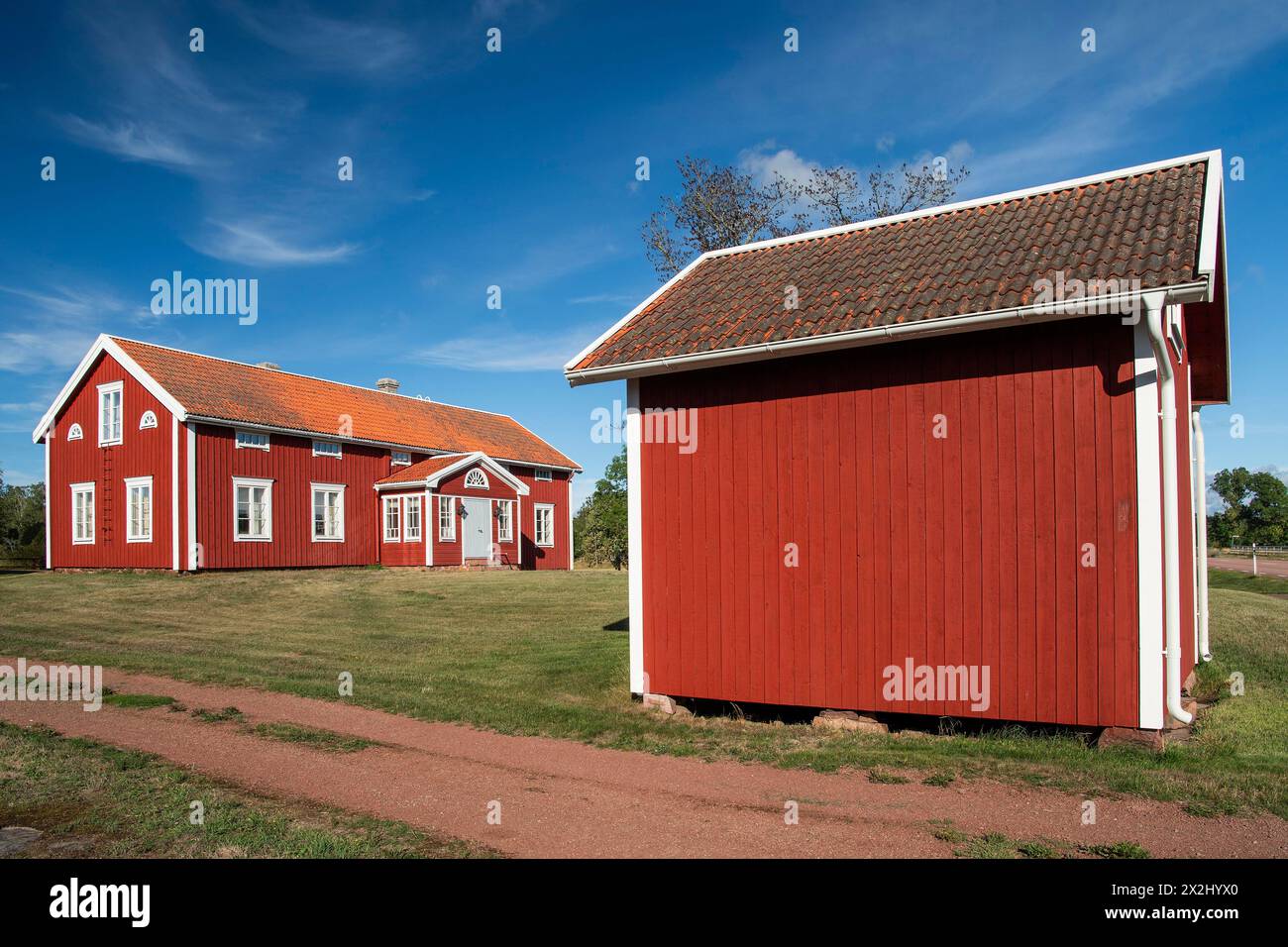 Falun red or Swedish red painted houses, farm, Geta, Aland, or Aland Islands, Gulf of Bothnia, Baltic Sea, Finland Stock Photo