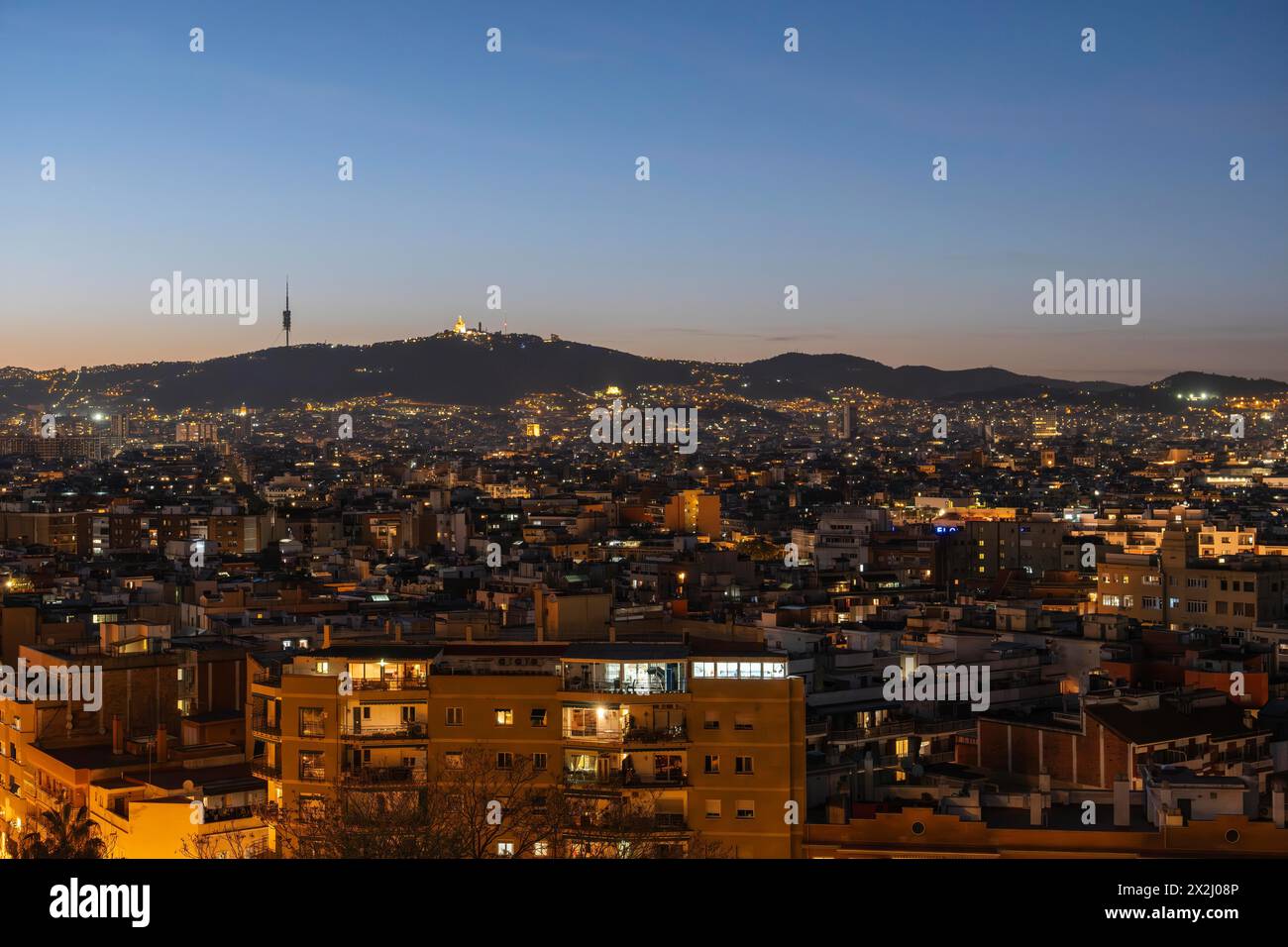 View of the Tibidabo and the city of Barcelona by night, Barcelona, Spain Stock Photo