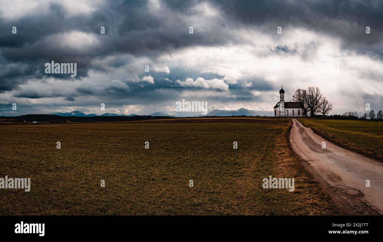 church, chapel, meadow, landscape,clouds, rain, weather, nature, etting Stock Photo
