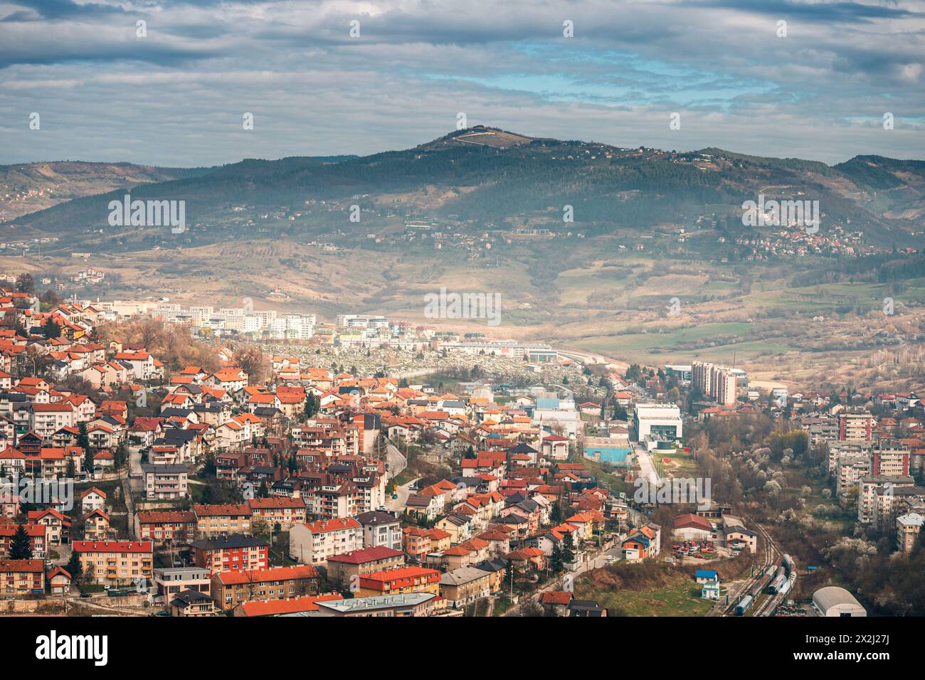 scenic beauty of Sarajevo's cityscape, where old-world charm meets modern architecture against the backdrop of the Balkan mountains. Stock Photo
