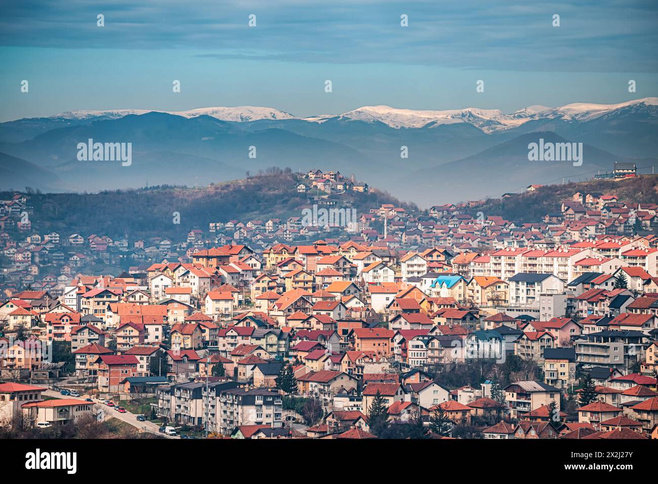 scenic beauty of Sarajevo's cityscape, where old-world charm meets modern architecture against the backdrop of the Balkan mountains. Stock Photo