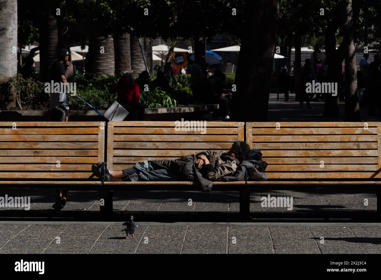 Santiago, Metropolitana, Chile. 22nd Apr, 2024. A homeless man sleeps on a bench in the Plaza de Armas in Santiago, Chile. (Credit Image: © Matias Basualdo/ZUMA Press Wire) EDITORIAL USAGE ONLY! Not for Commercial USAGE! Stock Photo