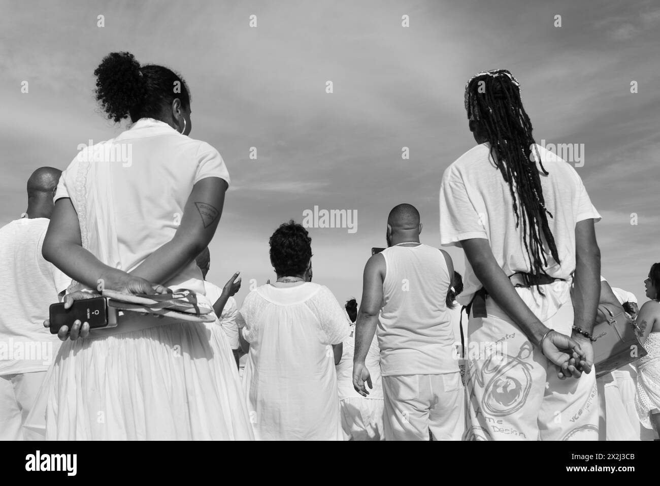 Santo Amaro, Bahia, Brazil - May 19, 2019: Members of Umbanda are seen participating in the tribute to iemanja on Itapema beach in the city of Santo A Stock Photo
