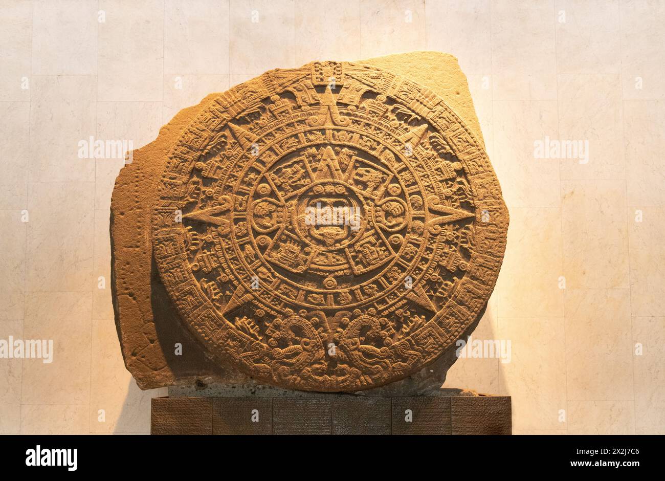 The Aztec Sun Stone or Aztec Calendar, early 1500s, Mexica mesoamerica sculpture by the Aztecs, now in the Museum of Anthropology, Mexico City, Mexico Stock Photo