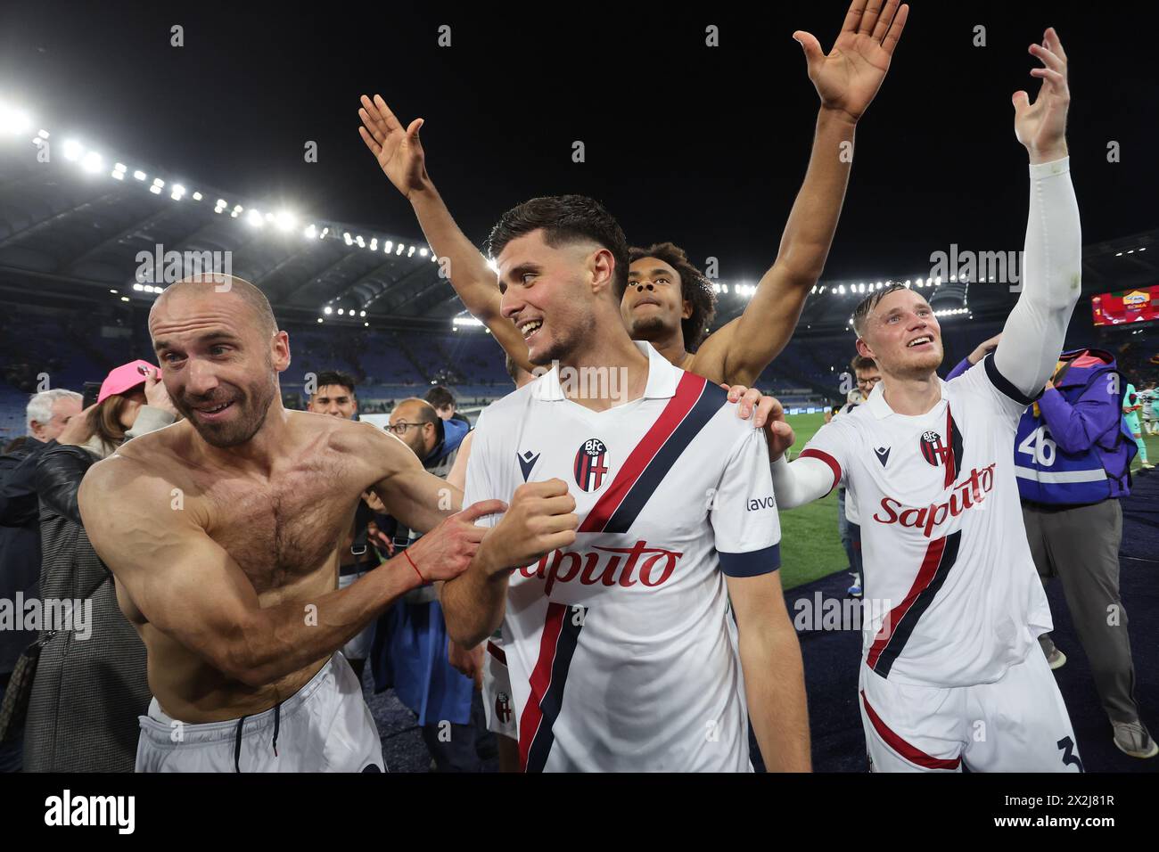 Rome, Italy 22.04.2024: Bologna players   celebrate victory at end of Italian Serie A TIM 2023-2024 football match derby AS ROMA vs BOLOGNA FC 1909 at Stock Photo