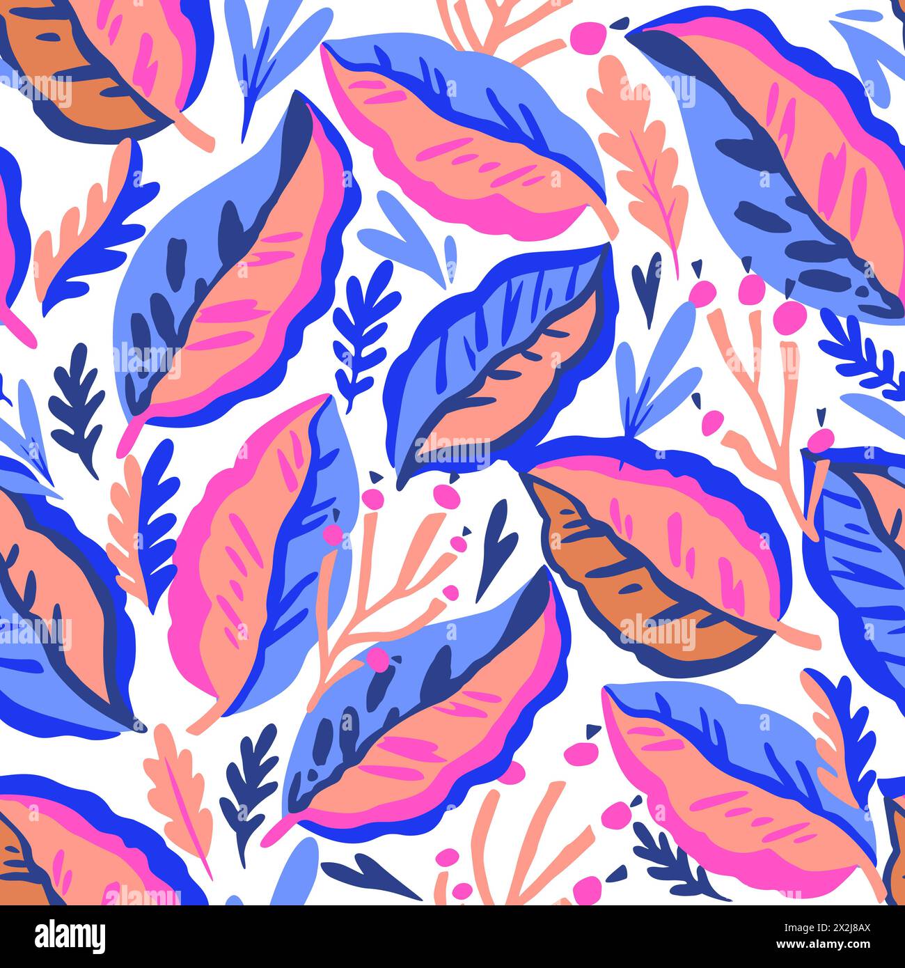 Colorful doodle botanical pattern. Vector print with hand-drawn simple plant elements Stock Vector